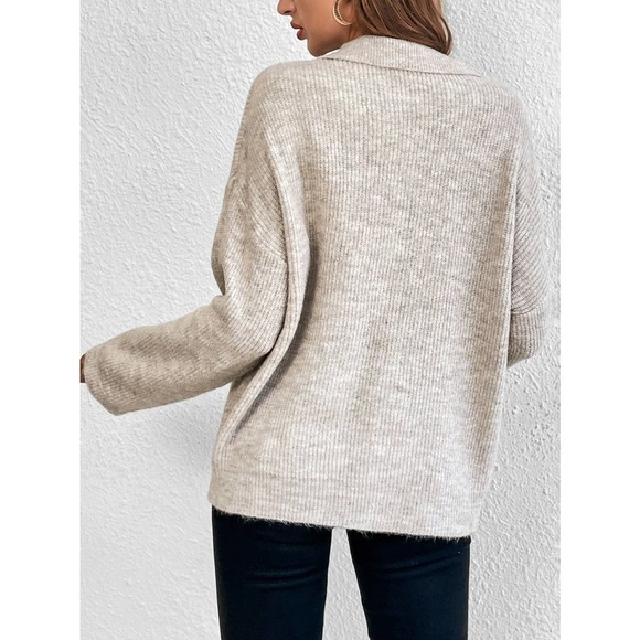 Minimalist preppy collared v neck oversized knit Sweater cream tan - Picture 2 of 4